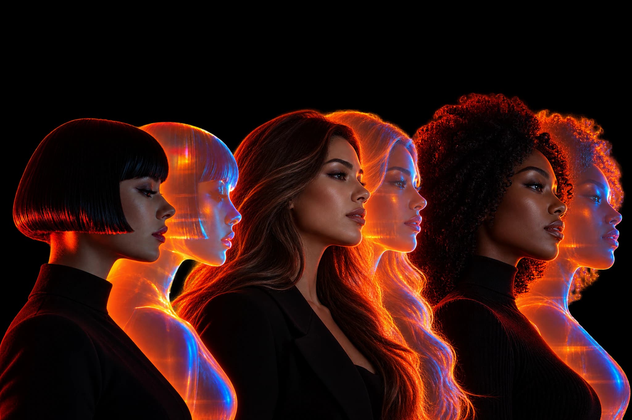 Three creators with bobbed, long and curly hair, each paired with her glowing digital twin